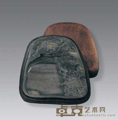 清代 端石刻亭台楼阁山水图砚 13×12cm